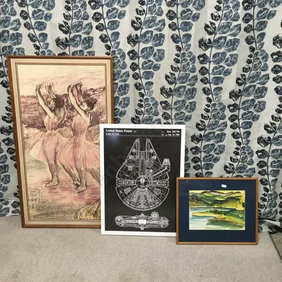 STAR WARS PRINT OF THE ORIGINAL 1982 PATENT FOR THE MILLENNIUM FALCON, TUTU DANCERS, SCENIC HILL LANDSCAPE PAINTING