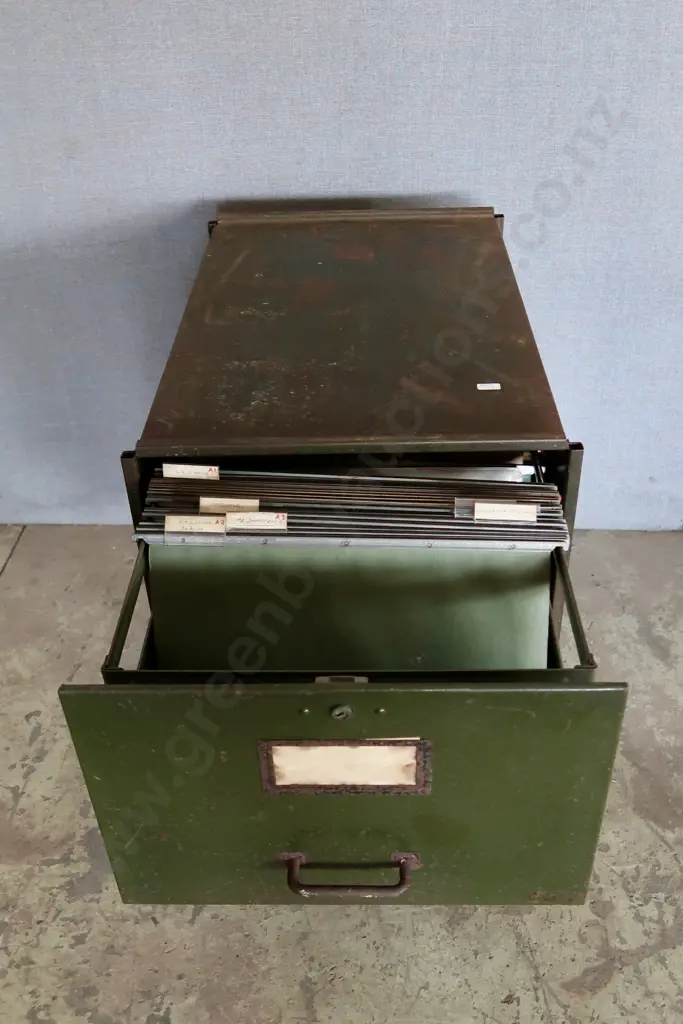 VINTAGE GREEN METAL FILING CABINET - SINGLE DRAWER ON SEPARATE MATCHING METAL STAND GREAT ORIGINAL PATINA Image 1++
