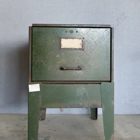 VINTAGE GREEN METAL FILING CABINET - SINGLE DRAWER ON SEPARATE MATCHING METAL STAND GREAT ORIGINAL PATINA