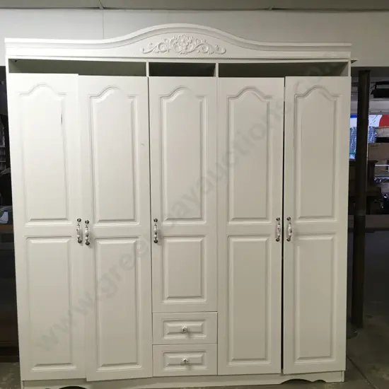 FRENCH COUNTRY WHITE WOOD WARDROBE ARMOIRE WITH 5 DOORS AND 2 DRAWERS