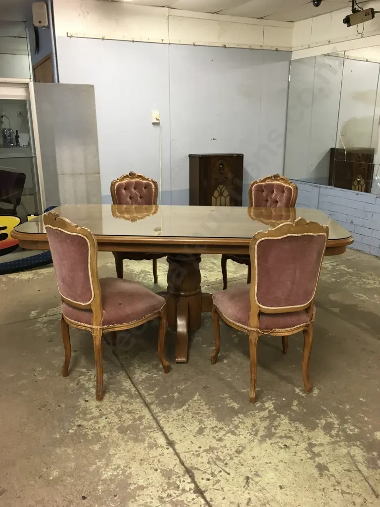 VINTAGE RIMU TABLE (CHAIRS NOT INCLUDED) WITH GLASS TOP Image 1++