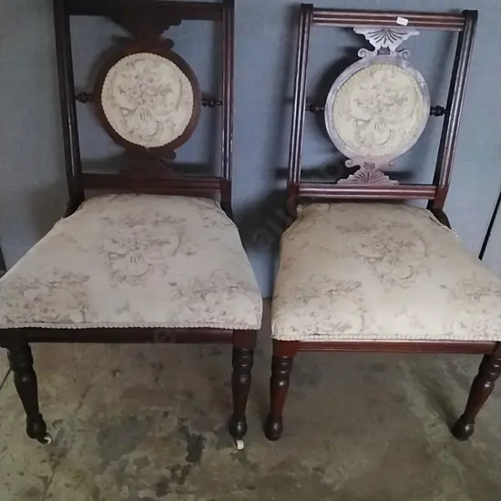 CHAIRS EDWARDIAN MAHOGANY, FRETWORK DETAILS ON BACKREST, SEATS & CENTRAL OVAL MEDALLIONS UPHOLSTERED IN MATCHING FABRIC
