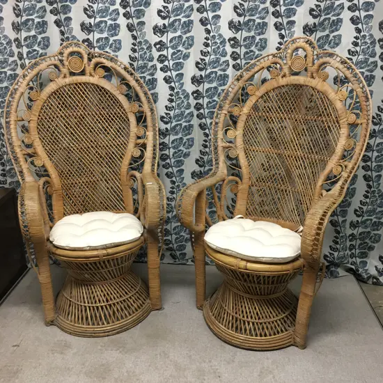 PAIR OF VINTAGE RATTAN AND WICKER PEACOCK CHAIRS