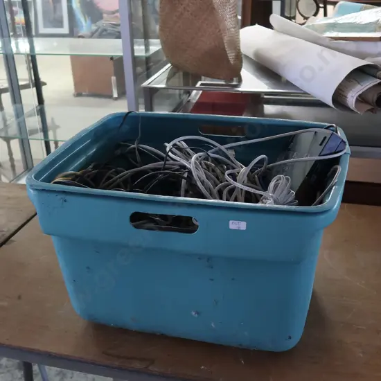 BUCKET OF ELECTRICAL CORDS AND ETHERNET CABLES AND VARIOUS LEADS