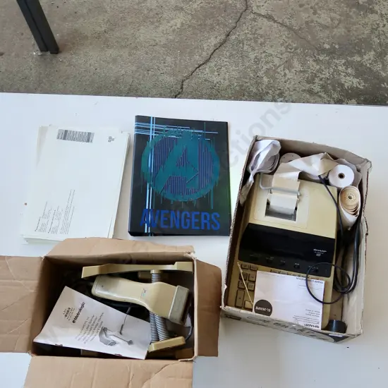 ASSORTED BOX, SHARP ELECTRONIC PRINTING CALCULATOR, MS951 HAND-HELD LASER SCANNER, AVENGERS FOLDER