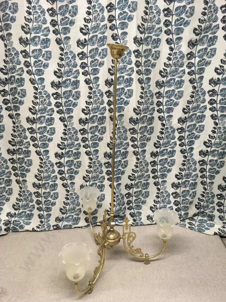 ANTIQUE THREE-ARM BRASS CHANDELIER WITH FROSTED GLASS SHADES. Image 1++