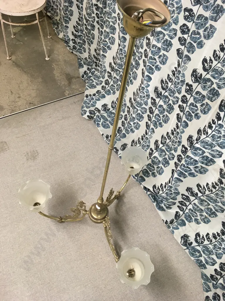 ANTIQUE THREE-ARM BRASS CHANDELIER WITH FROSTED GLASS SHADES. Image 1++