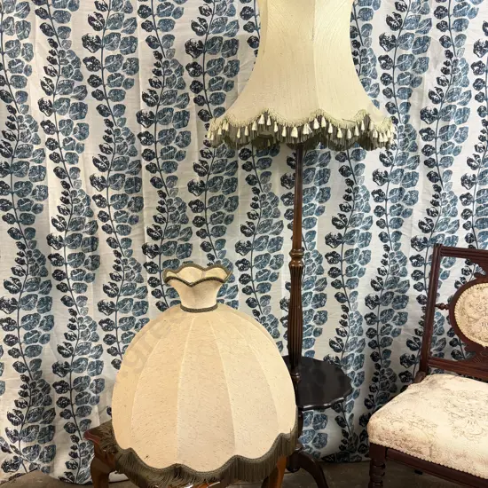 VINTAGE LAMP, TRADITIONAL SCALLOPED EDGE TASSLED FRINGE, BUILT-IN TABLE ON TRIPOD BASE AND EXTRA SHADE