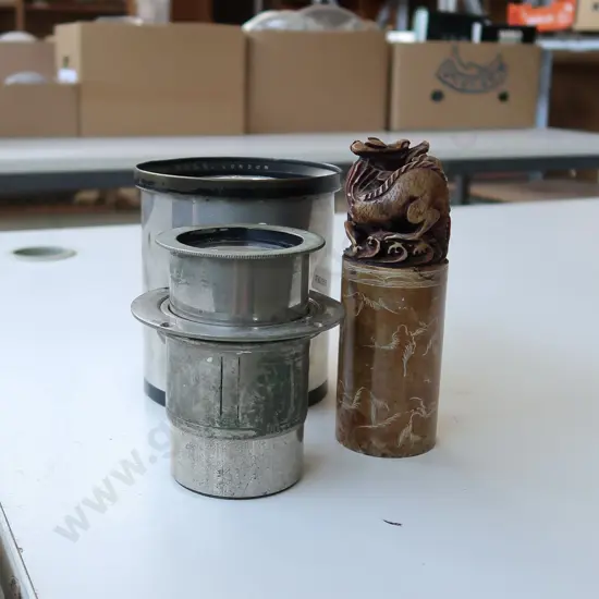 2 MAGNIFYING LENSES AND A CHINESE CARVED STONE DRAGON