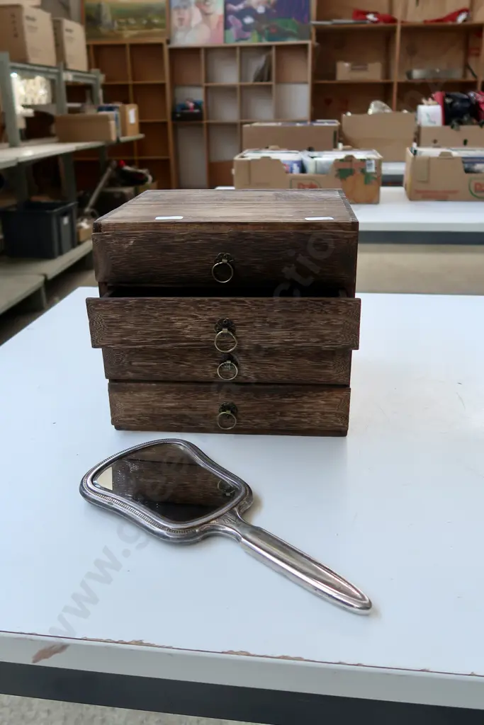 HANDHELD SILVER MIRROR  AND WOODEN DRAWERS JEWELLERY BOX Image 1++