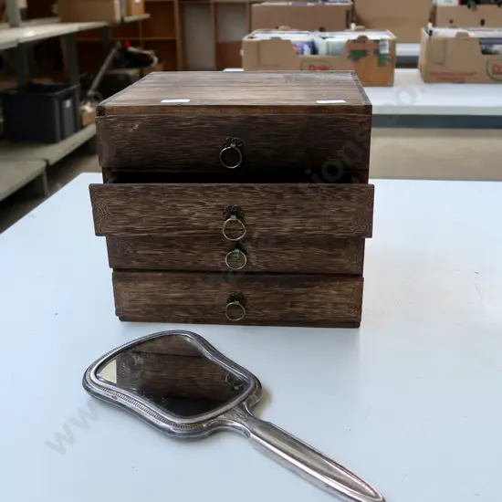 HANDHELD SILVER MIRROR  AND WOODEN DRAWERS JEWELLERY BOX