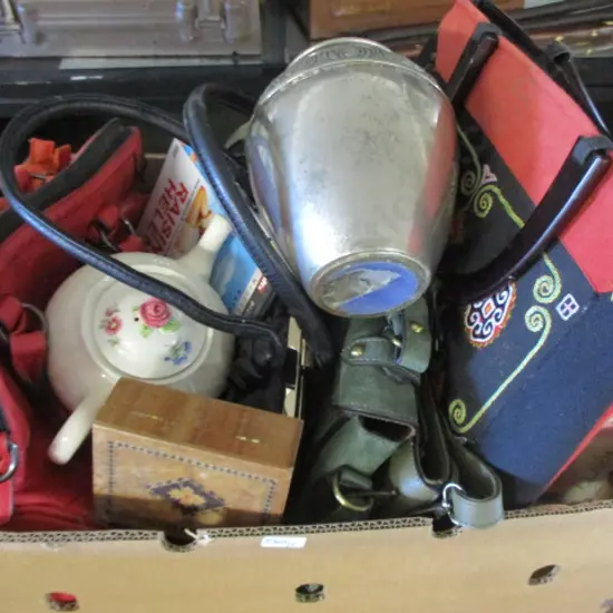 BOX OF ASSORTED ITEMS INC TEAPOT SMALL WOODEN BOX