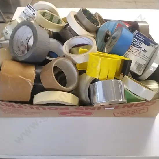 LARGE BOX OF TAPE - MASKING, CELLOTAPE, DOUBLE SIDED, DUCT MOSTLY PARTIAL ROLLS