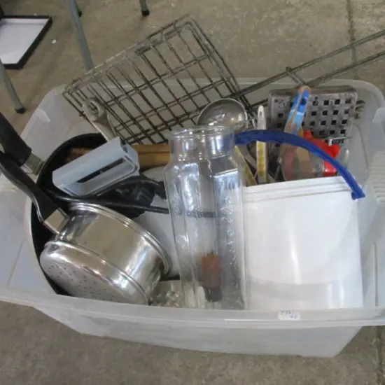 BOX OF KITCHEN UTENSILS PAN ETC