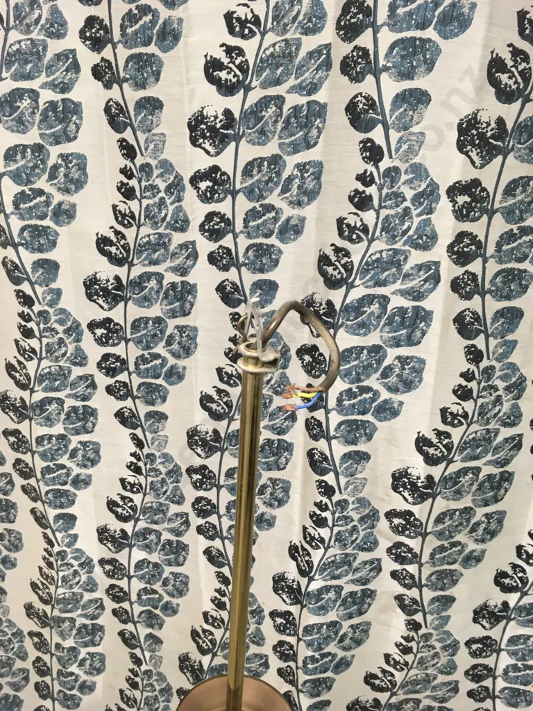 ANTIQUE THREE-ARM BRASS CHANDELIER WITH FROSTED GLASS SHADES. Image 1++