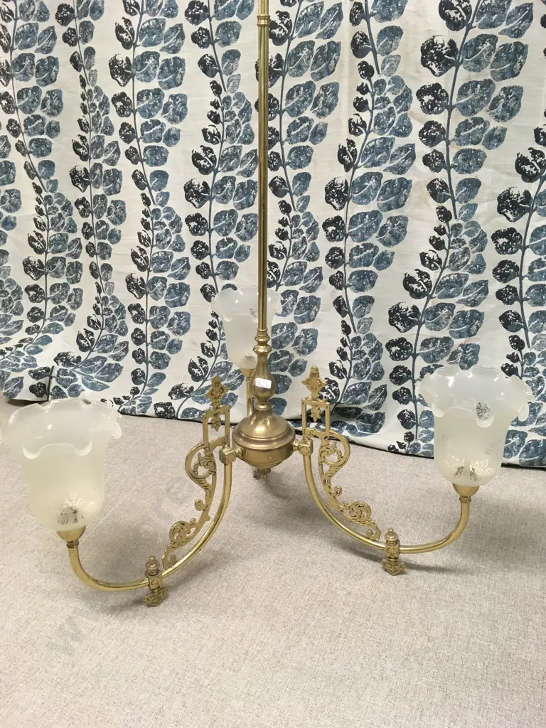 ANTIQUE THREE-ARM BRASS CHANDELIER WITH FROSTED GLASS SHADES. Image 1++