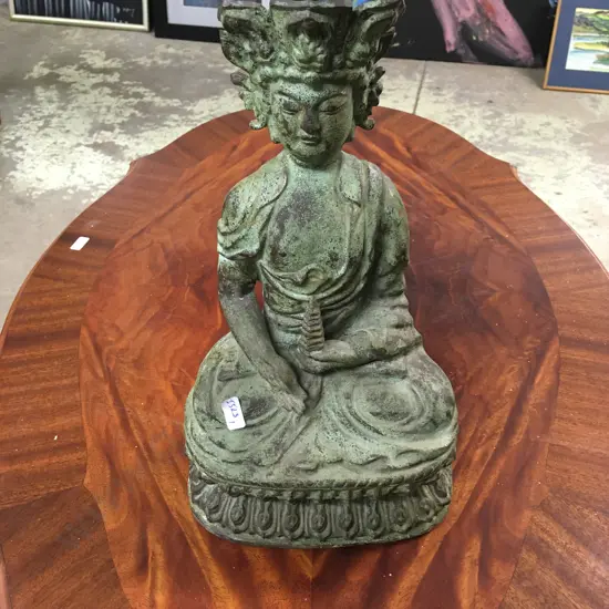 SEATED BRONZE BUDDHA STATUE WITH WEATHERED GREEN PATINA
